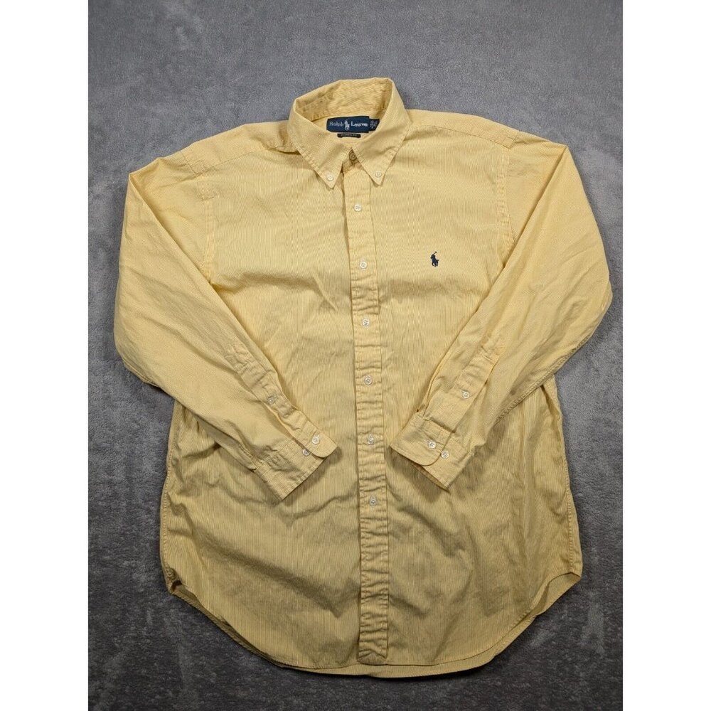 Ralph Lauren Button Up Shirt Mens 16.5 32/33 Yellow Striped Golf Preppy Casual